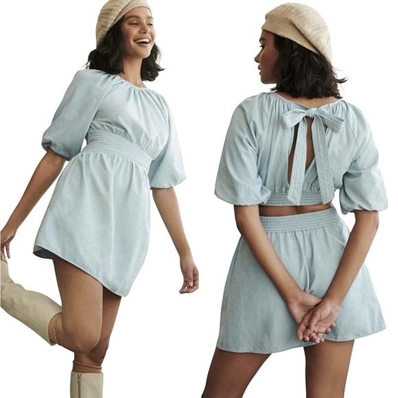 LOVE THE LABEL x ANTHROPOLOGIE Puff Sleeve Chambray Mini Dress - Picture 1 of 13